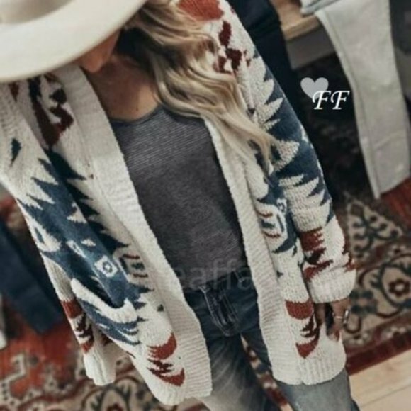 Shop_Fig Sweaters - New Native Print Boho Blanket Cardigan Sweater